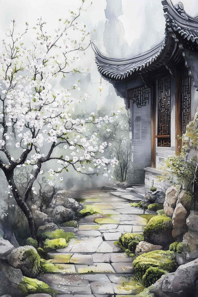 Painting of a building with a tree and flowers Painting of a building with a tree and flowers