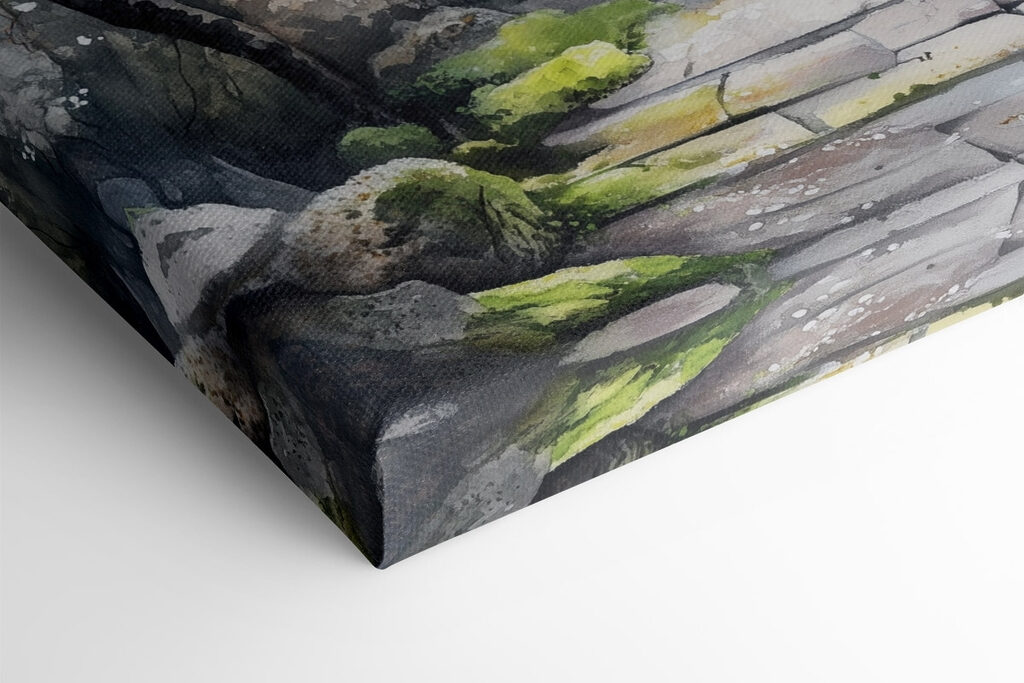 Painting of a building with a tree and flowers Painting of a building with a tree and flowers