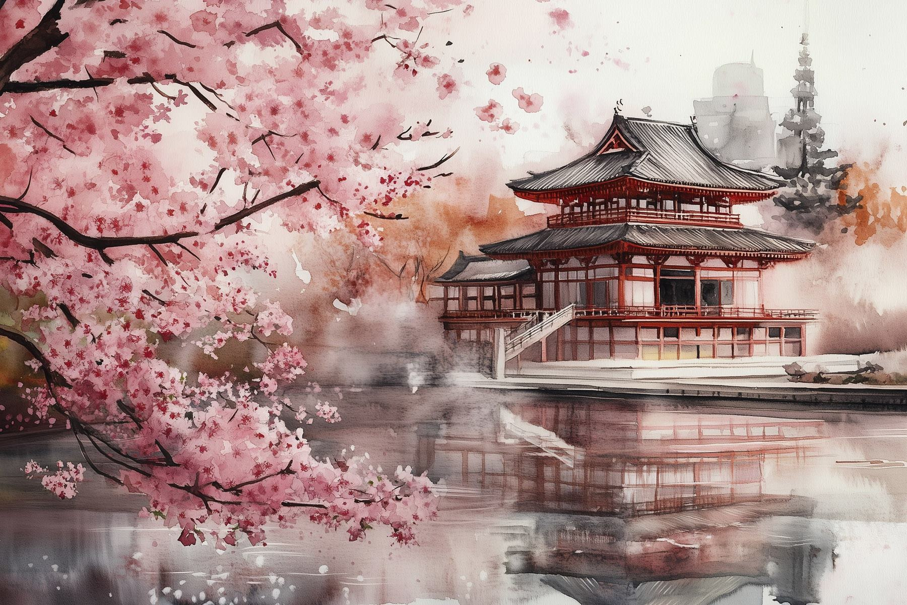 Watercolor painting of a building and a cherry blossom tree