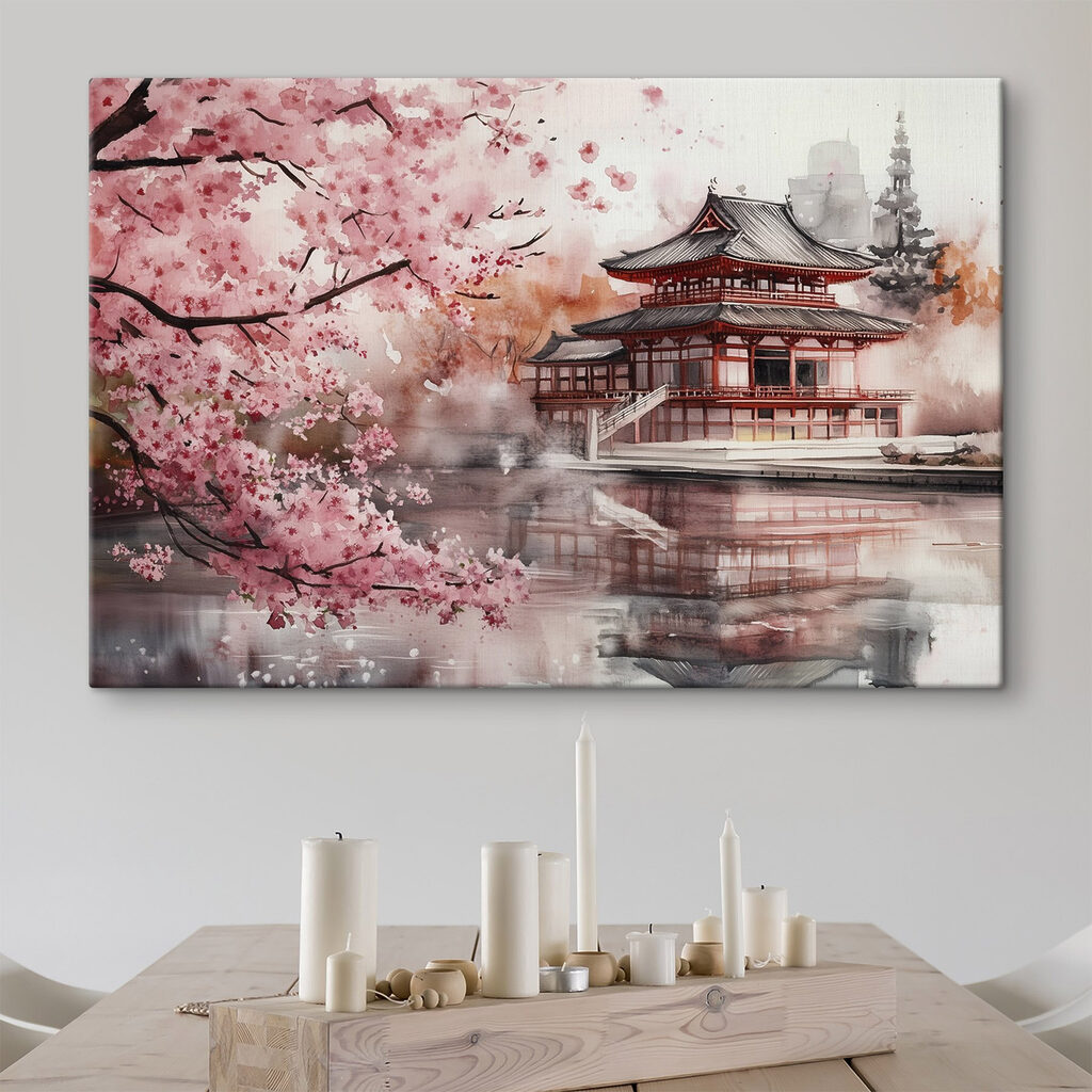 Watercolor painting of a building and a cherry blossom tree
