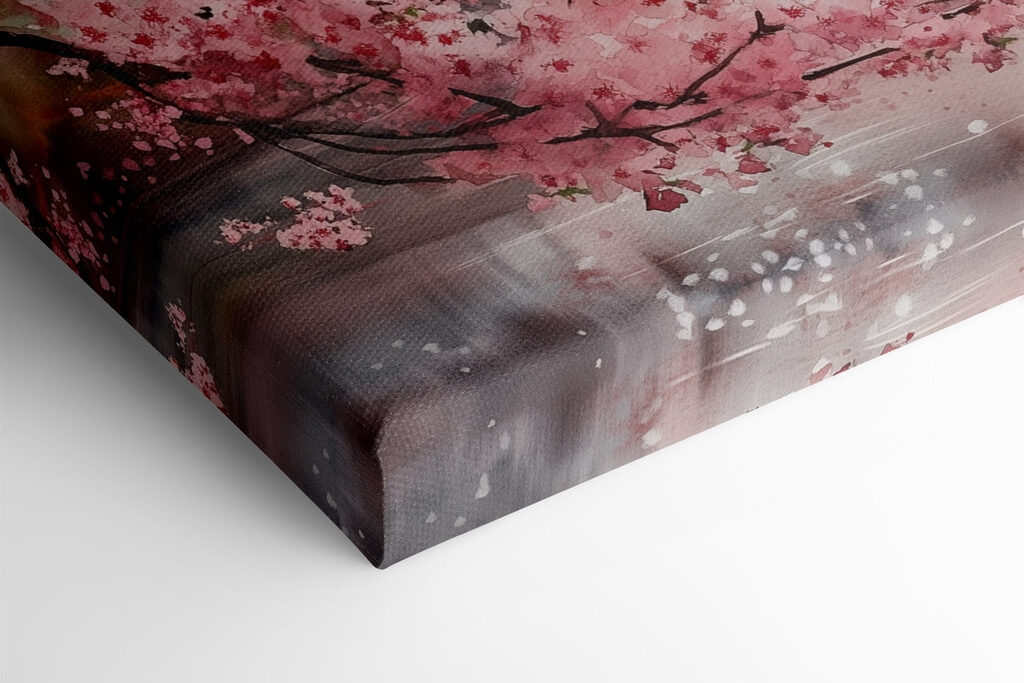 Watercolor painting of a building and a cherry blossom tree