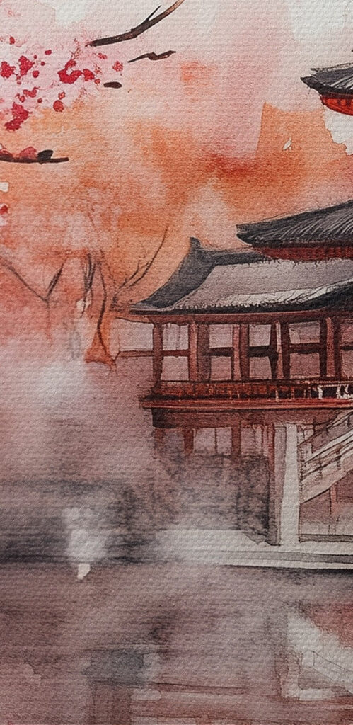 Watercolor painting of a building and a cherry blossom tree