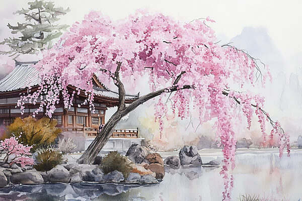 Watercolor painting of a tree with pink flowers Watercolor painting of a tree with pink flowers