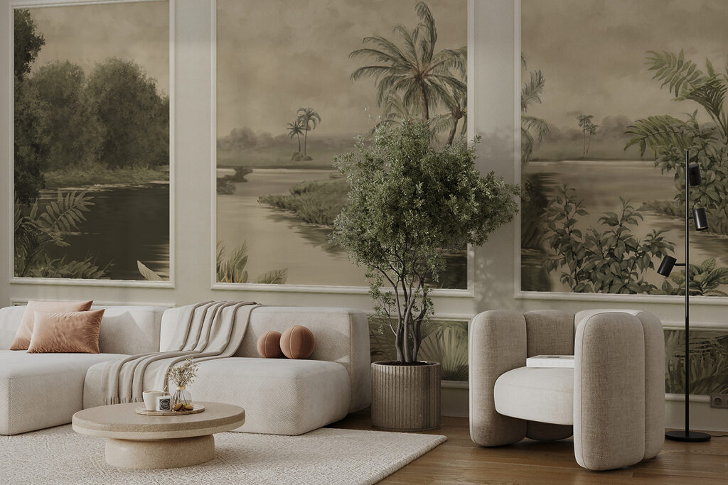 A wall with a painting of trees and a river A wall with a painting of trees and a river