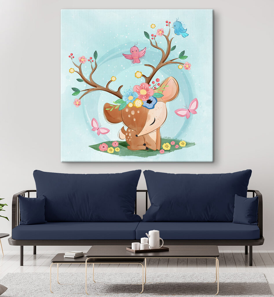 A cartoon deer with flowers and birds A cartoon deer with flowers and birds