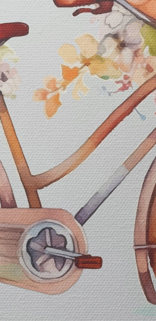 A watercolor painting of a bicycle with flowers on it