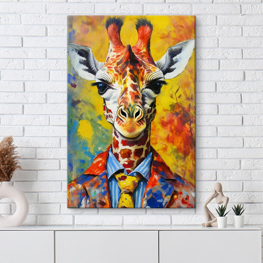 A painting of a giraffe wearing a shirt A painting of a giraffe wearing a shirt