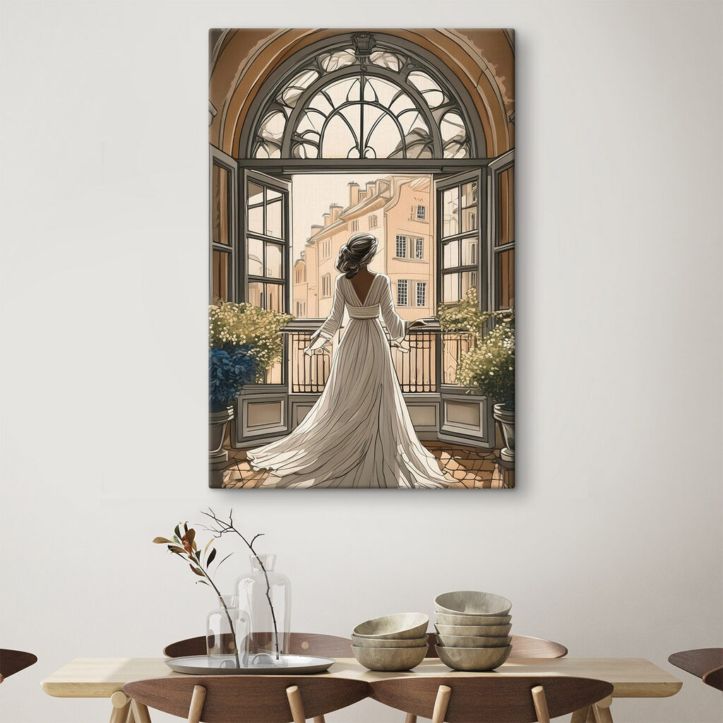Woman in a white dress looking out a window Woman in a white dress looking out a window
