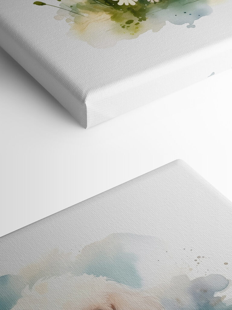 White dog sitting in a field of flowers