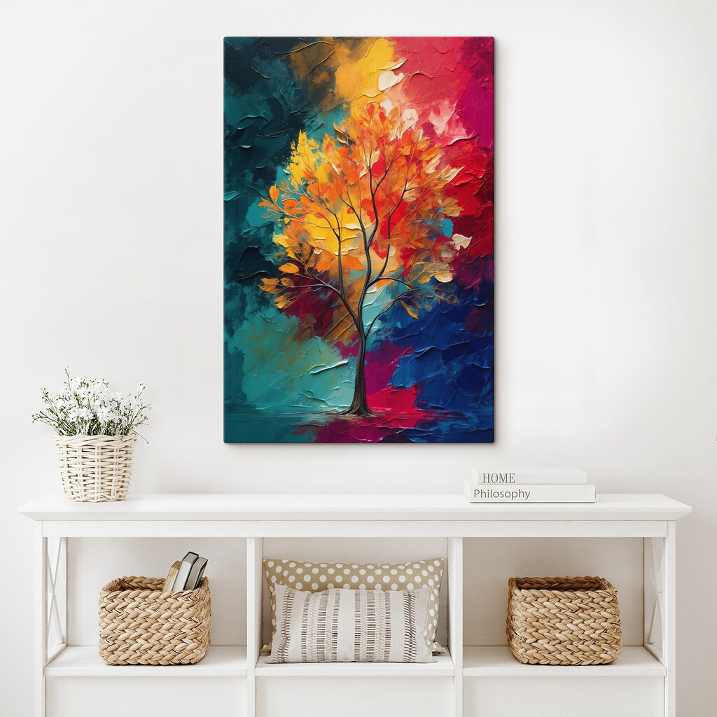 Painting of a tree with orange and blue leaves