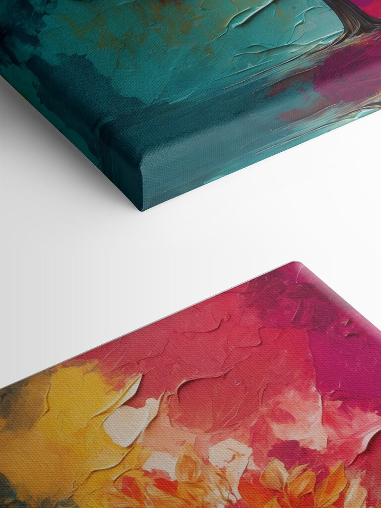 Painting of a tree with orange and blue leaves