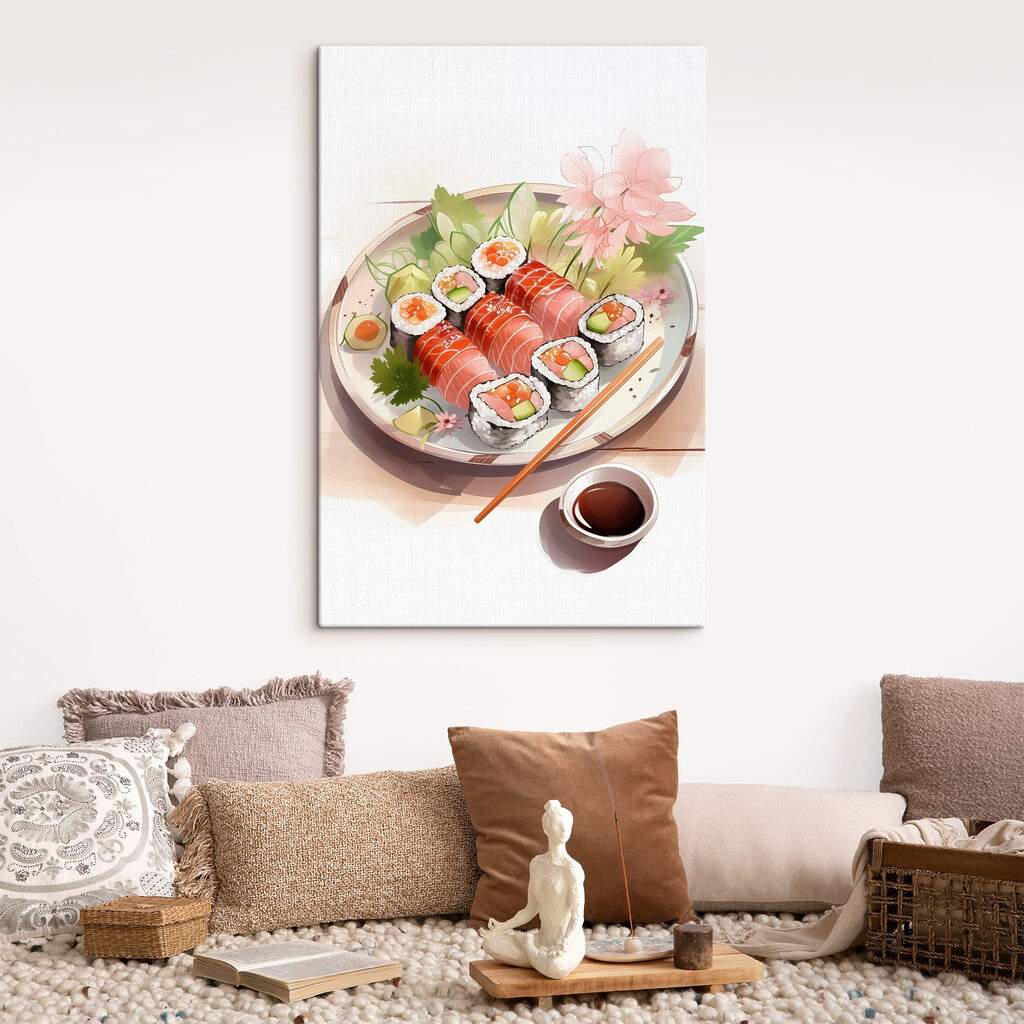 Plate of sushi with sauce and flowers Plate of sushi with sauce and flowers