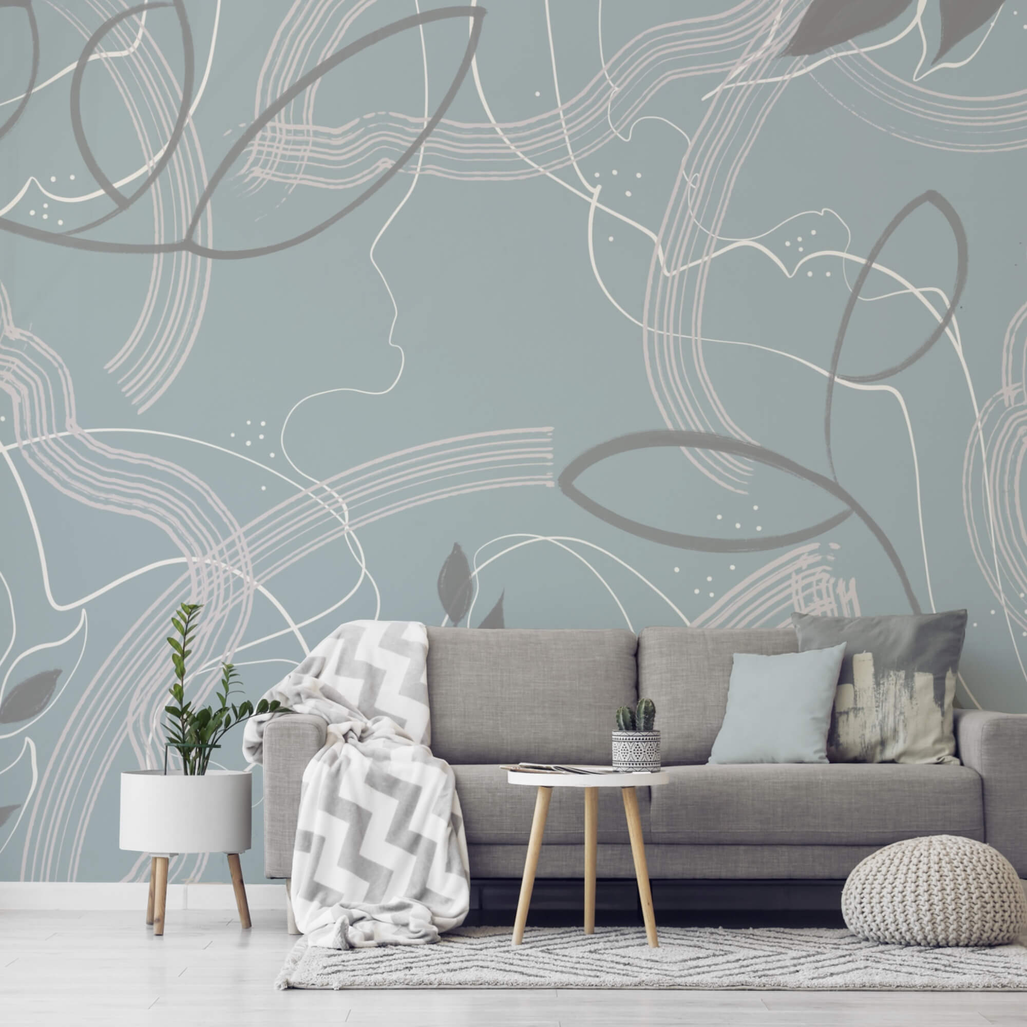 Синьо-біле тло з листям і лініями