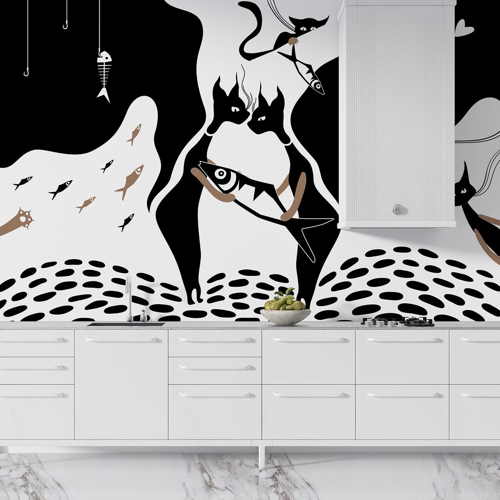 Чорно-білий кіт з рибою та рибою Чорно-білий кіт з рибою та рибою