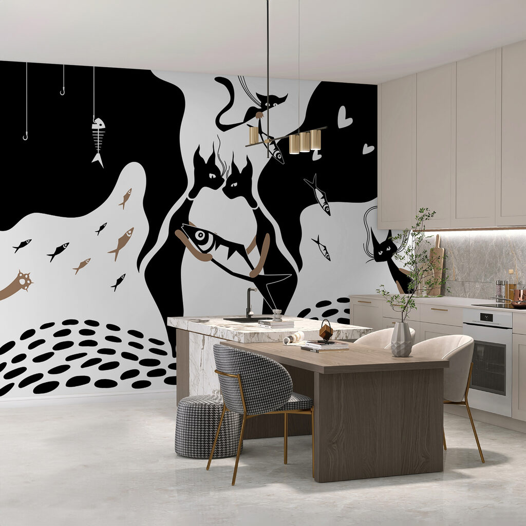 Чорно-білий кіт з рибою та рибою Чорно-білий кіт з рибою та рибою