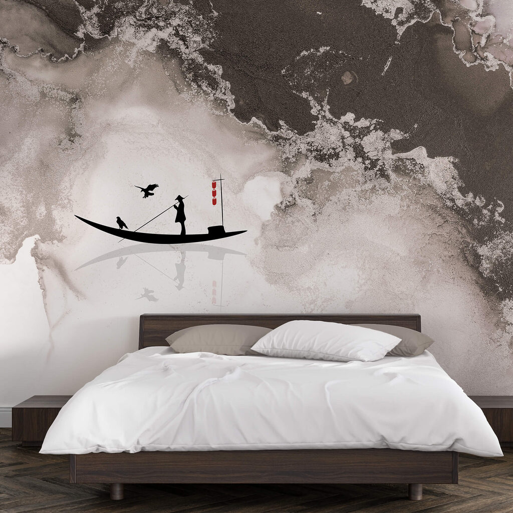 Силует чоловіка на човні з птахом на ньому Силует чоловіка на човні з птахом на ньому