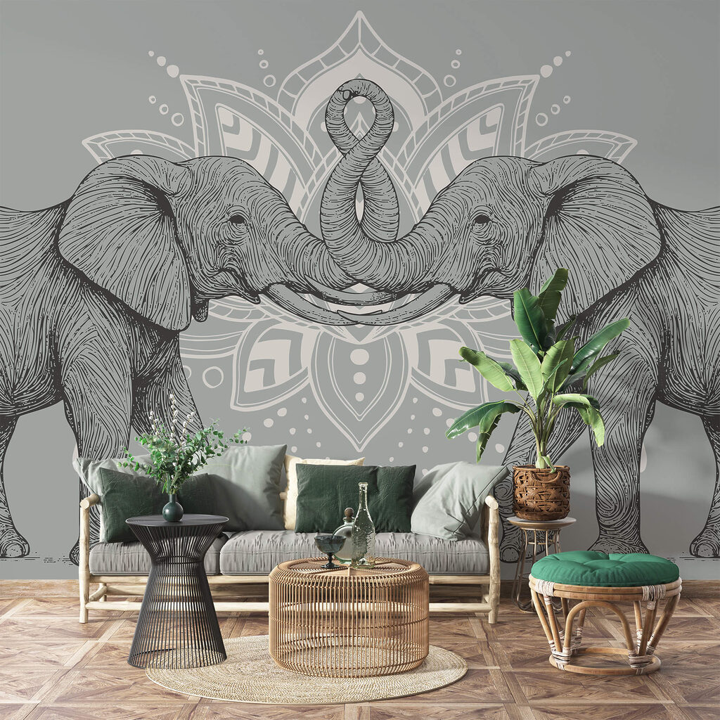 Два слони, що торкаються один одного хоботами