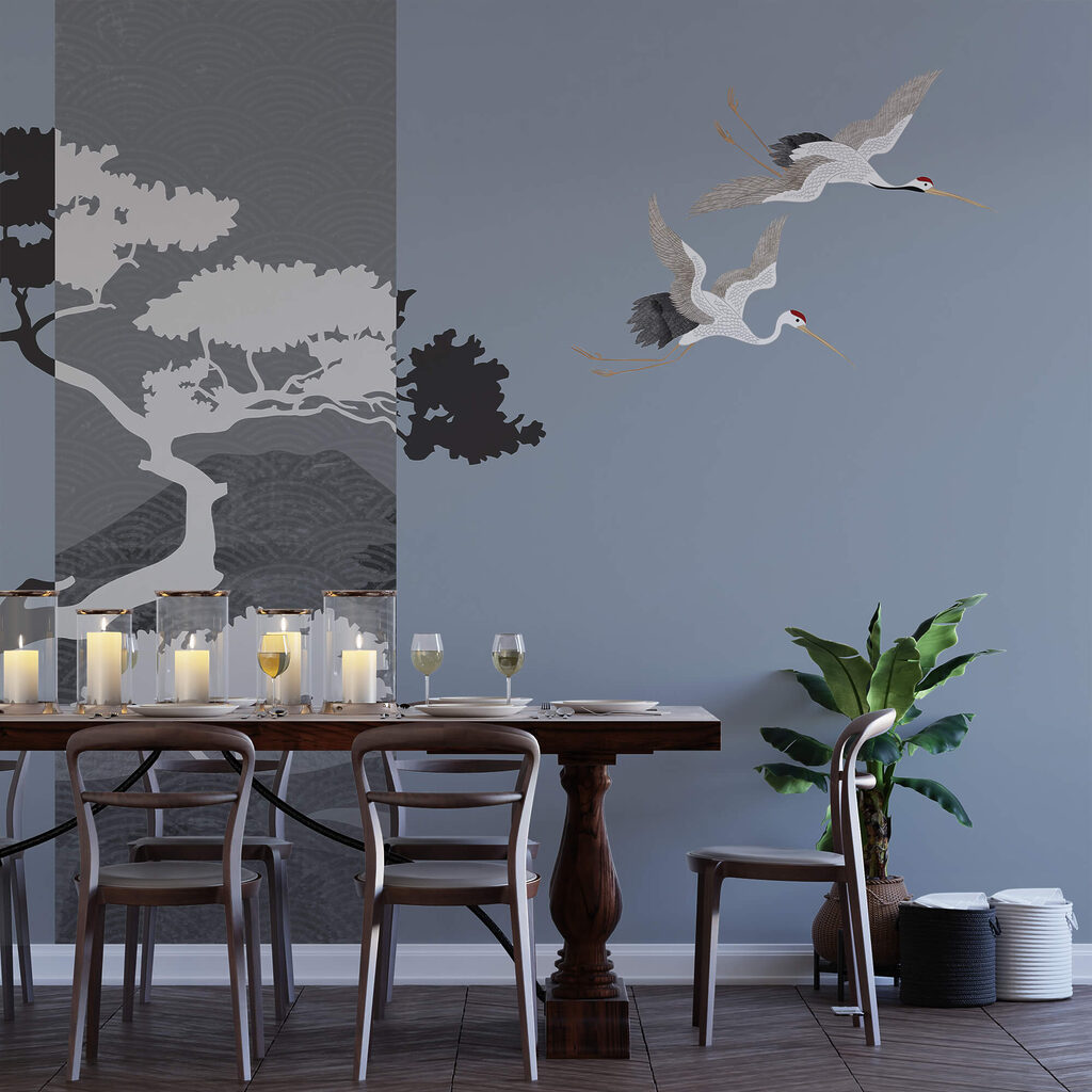 Пара журавлів, що летять поруч з деревом Пара журавлів, що летять поруч з деревом