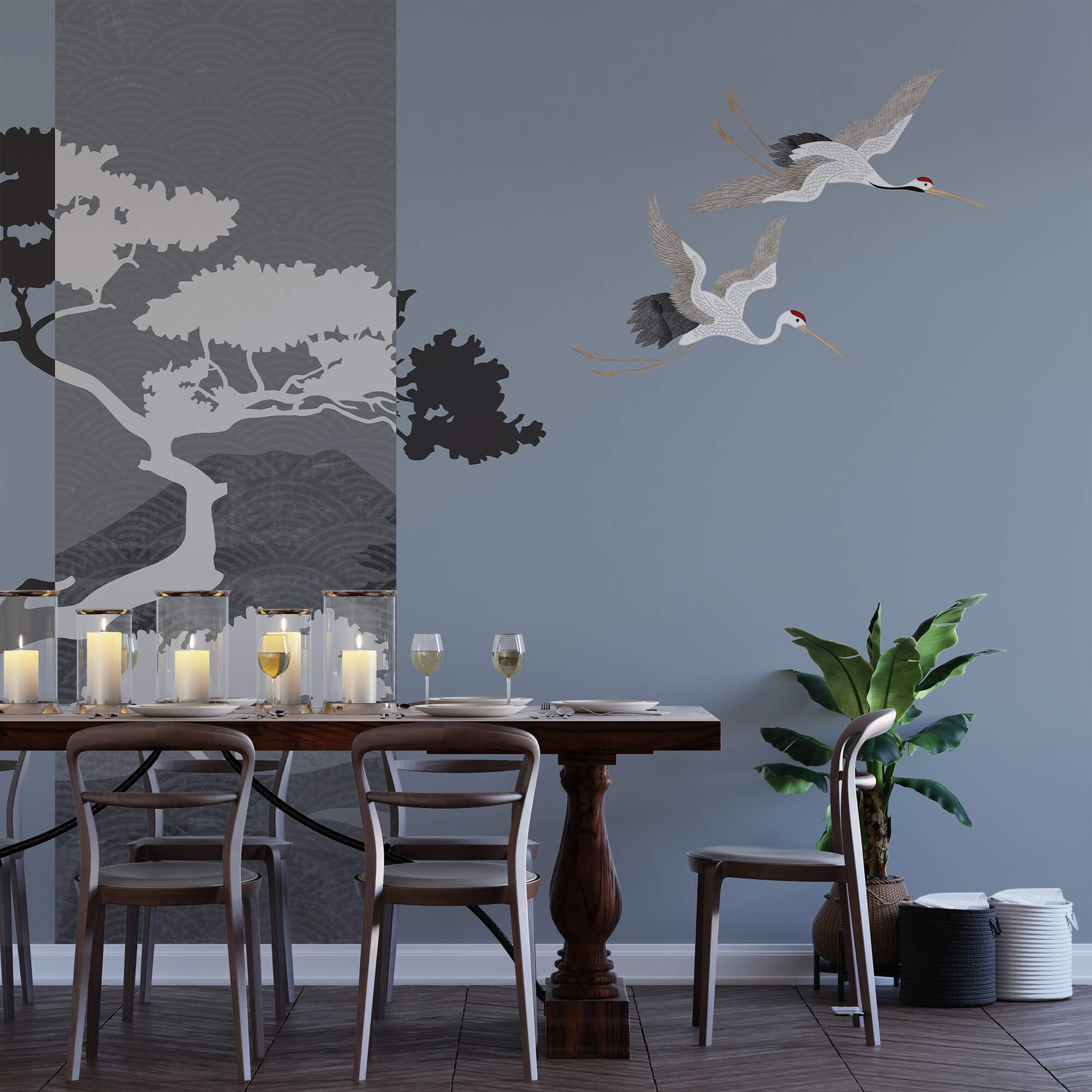 Пара журавлів, що летять поруч з деревом Пара журавлів, що летять поруч з деревом