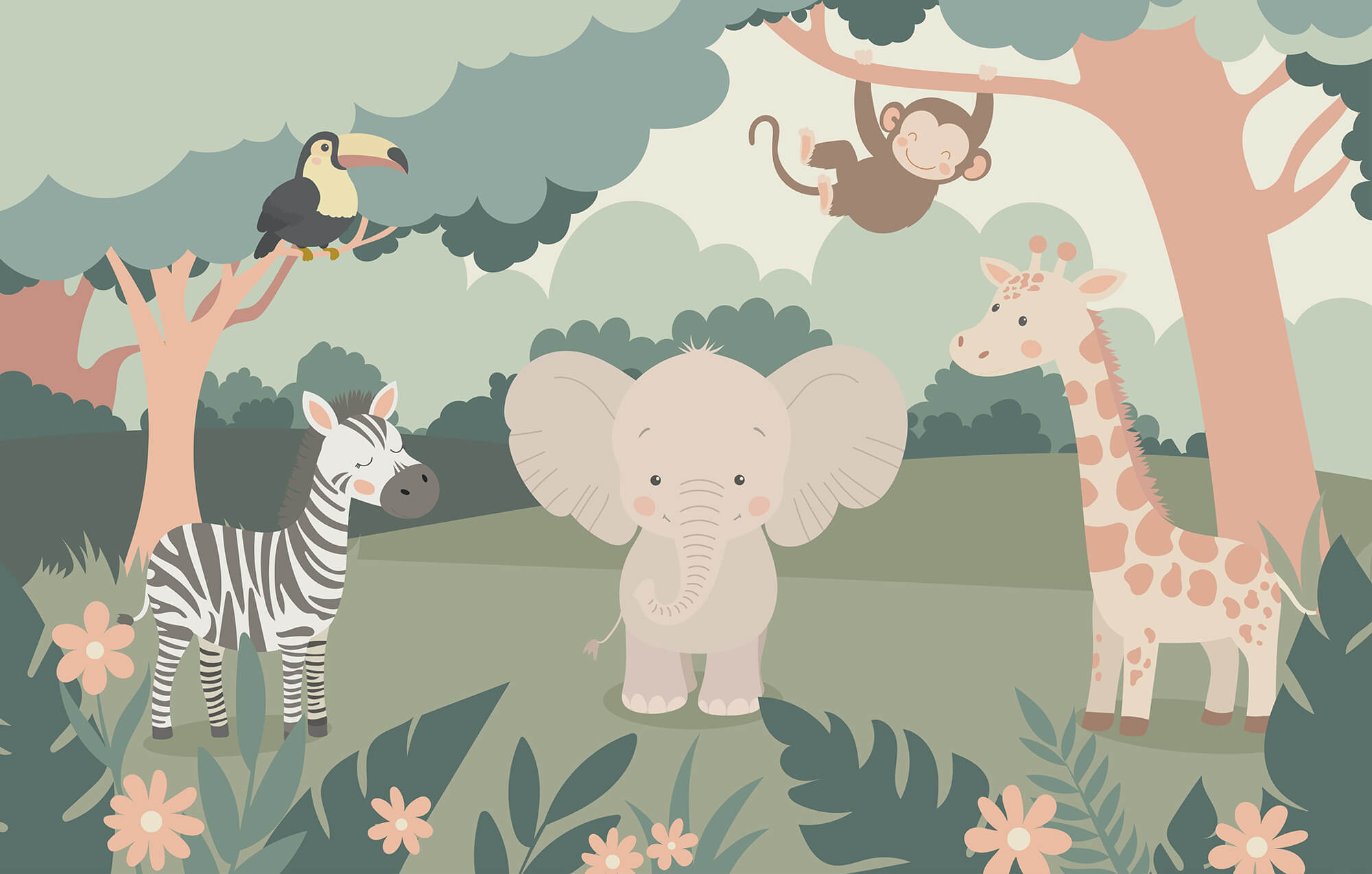 Cartoon of animals in a forest