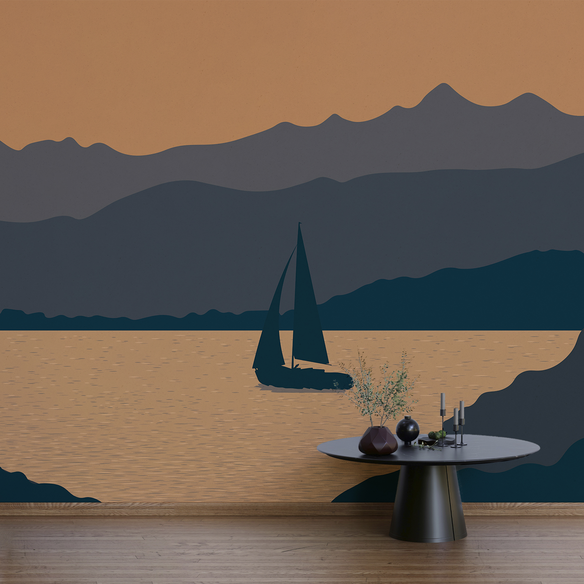 Вітрильник на воді з горами на задньому плані