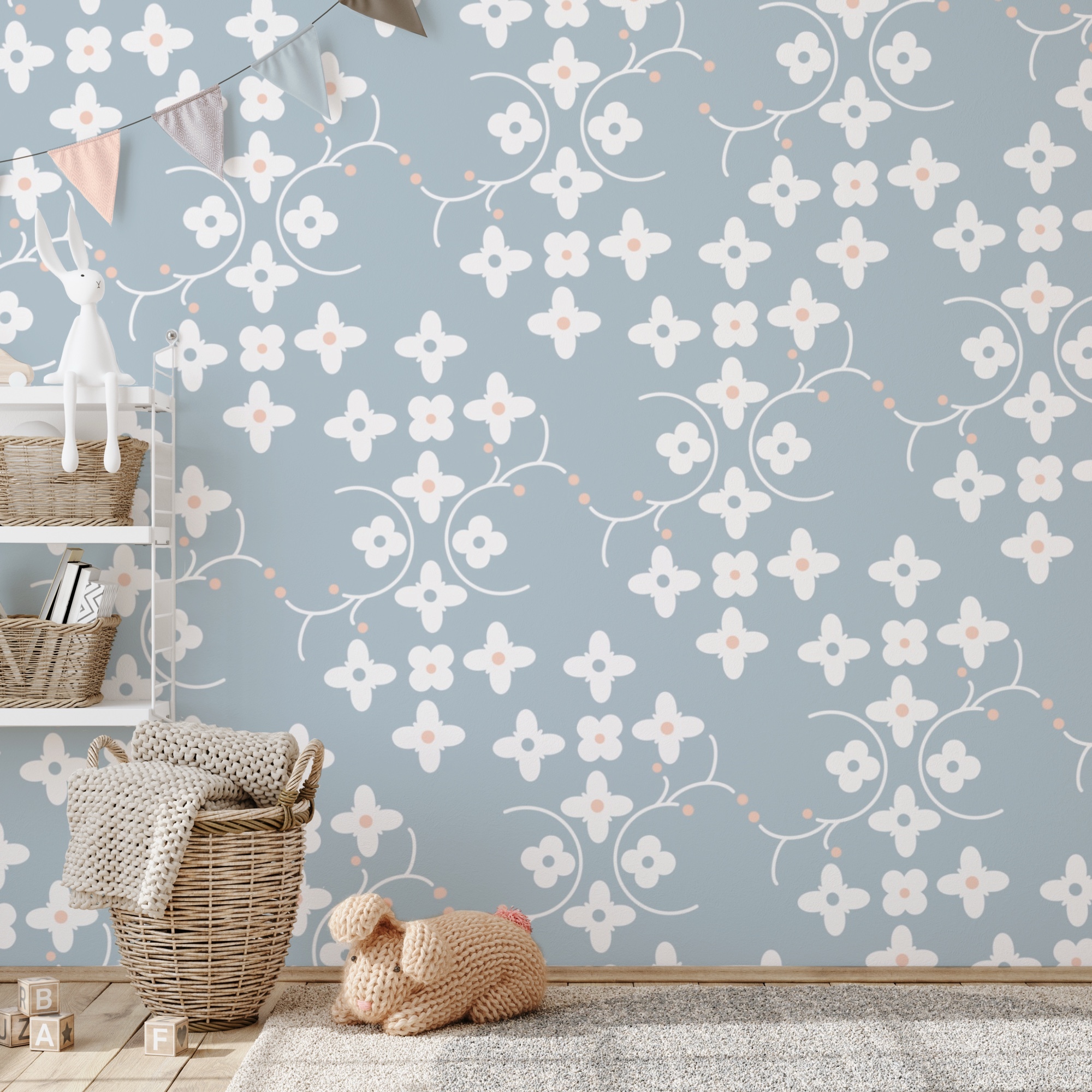 Візерунок з білих квітів і рожевих крапок на блакитному тлі