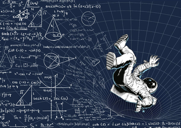 Man in space suit falling on a board with math equations Man in space suit falling on a board with math equations