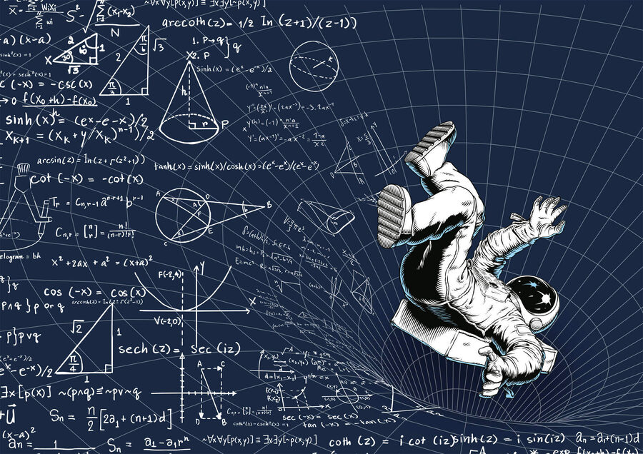 Man in space suit falling on a board with math equations Man in space suit falling on a board with math equations