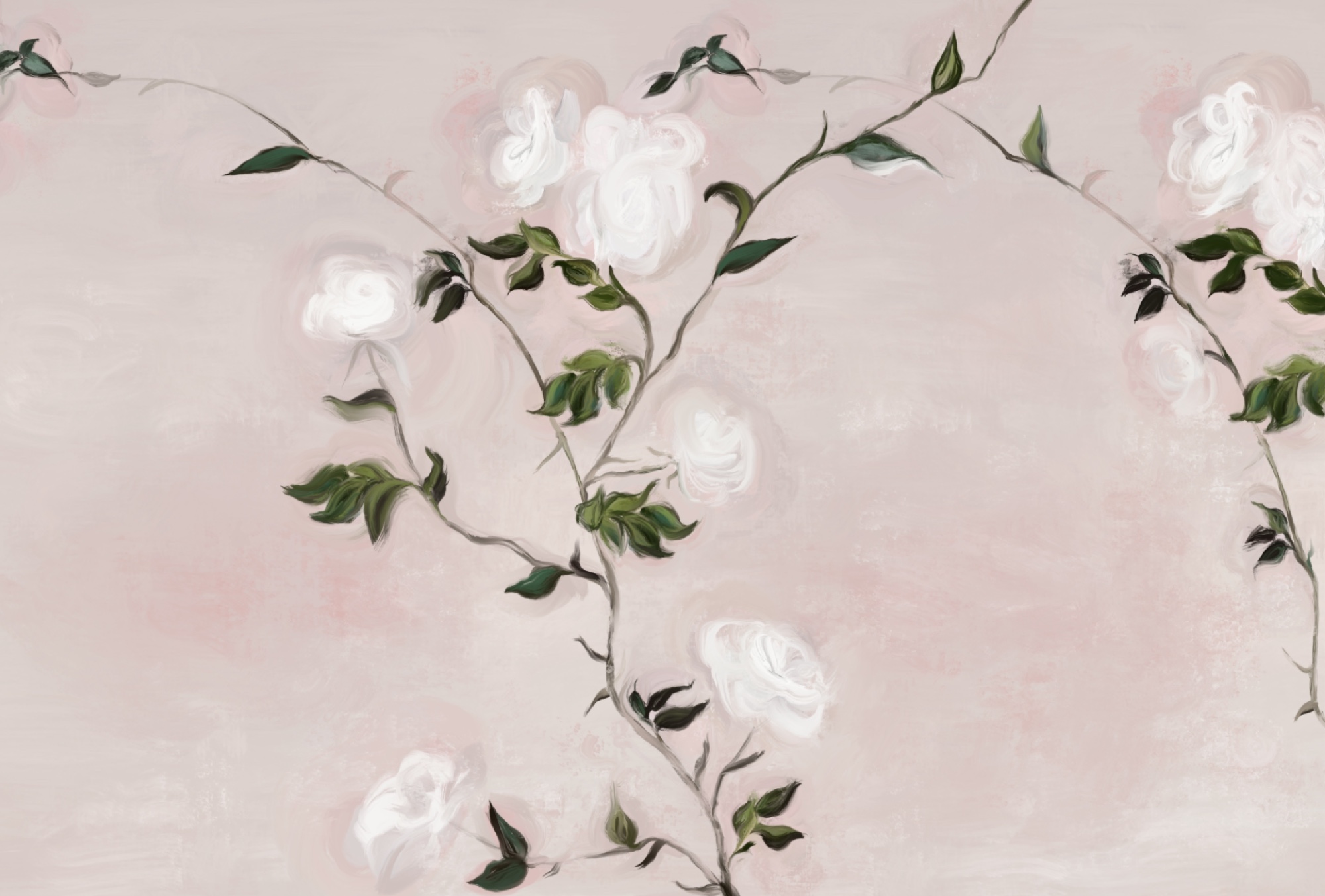 Painting of a branch with white flowers and green leaves