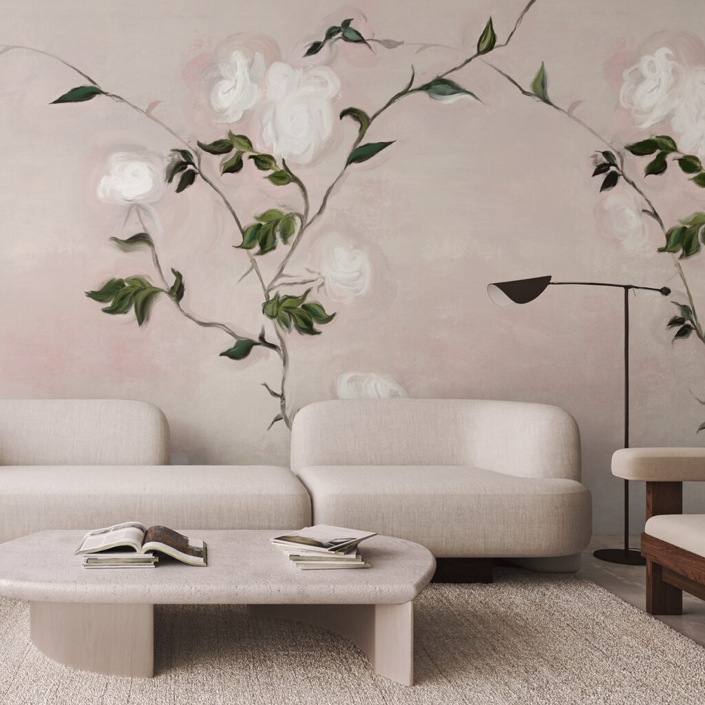 Малюнок гілки з білими квітами та зеленим листям