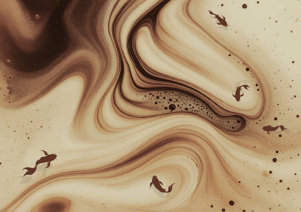 Brown and white swirly waves with fish silhouettes Brown and white swirly waves with fish silhouettes