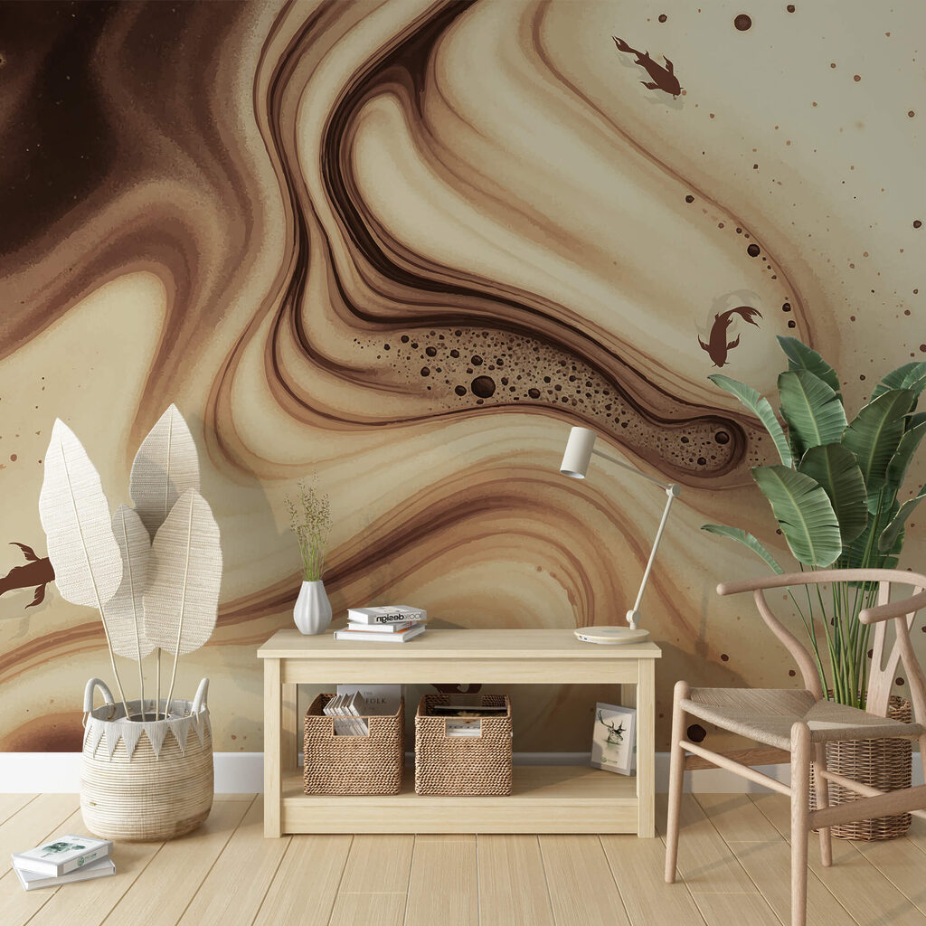 Коричневі та білі закручені хвилі з риб'ячими силуетами Коричневі та білі закручені хвилі з риб'ячими силуетами