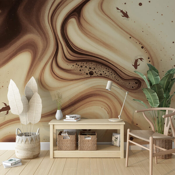 Коричневі та білі закручені хвилі з риб'ячими силуетами Коричневі та білі закручені хвилі з риб'ячими силуетами