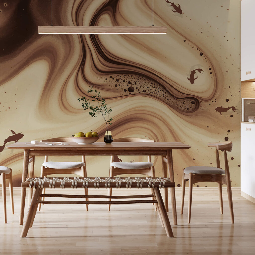 Коричневі та білі закручені хвилі з риб'ячими силуетами Коричневі та білі закручені хвилі з риб'ячими силуетами