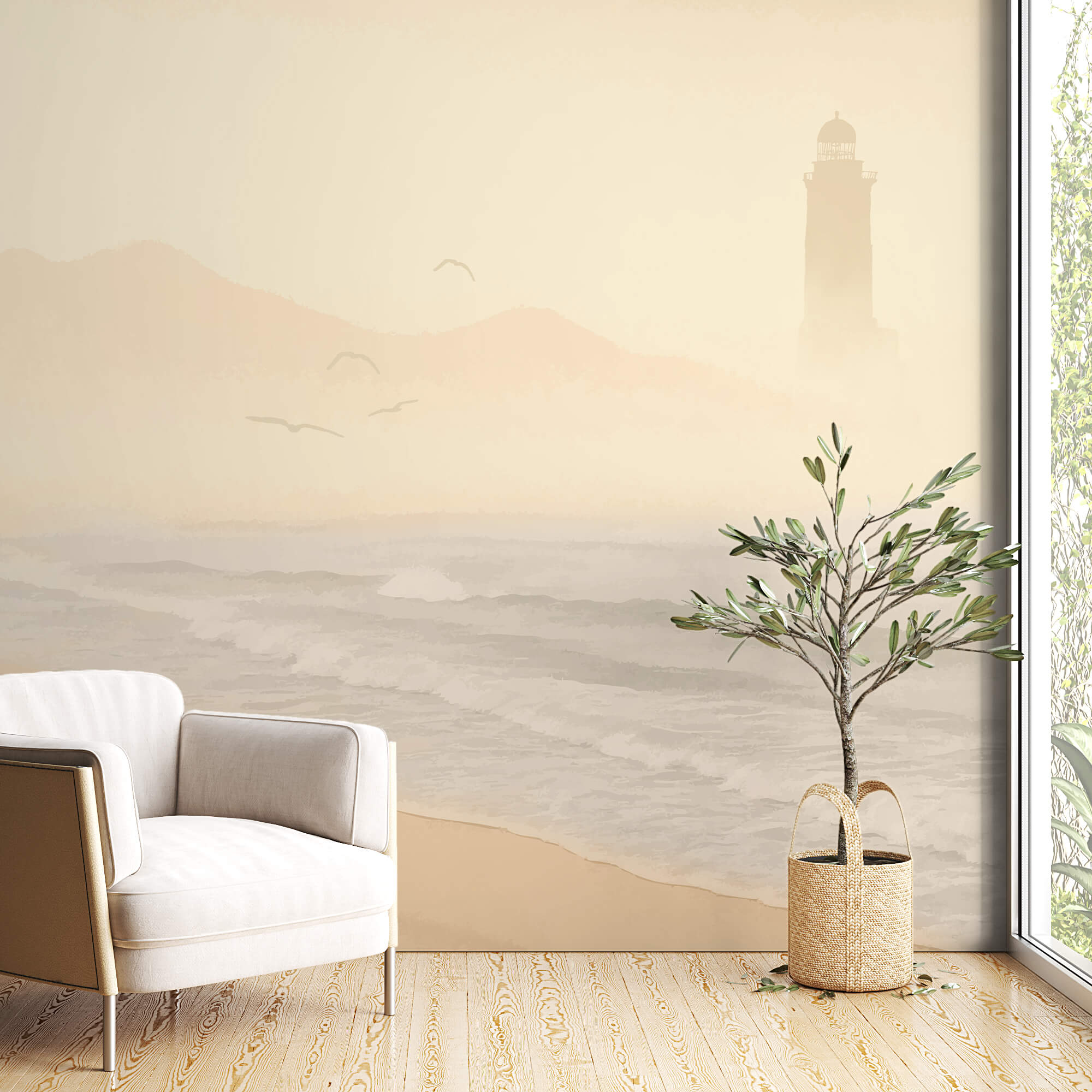 Пляж з хвилями та птахами Пляж з хвилями та птахами