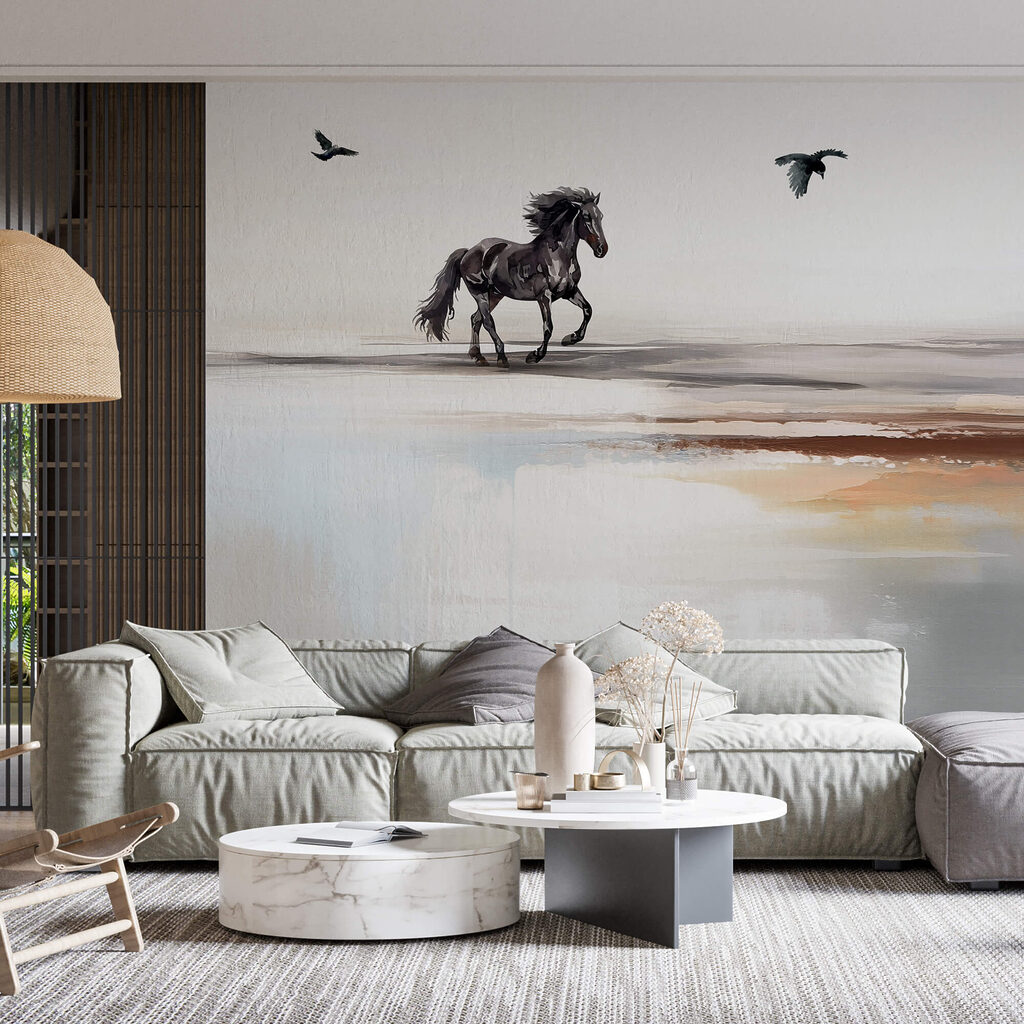 Картина із зображенням коня, що біжить по пляжу з птахами, що летять