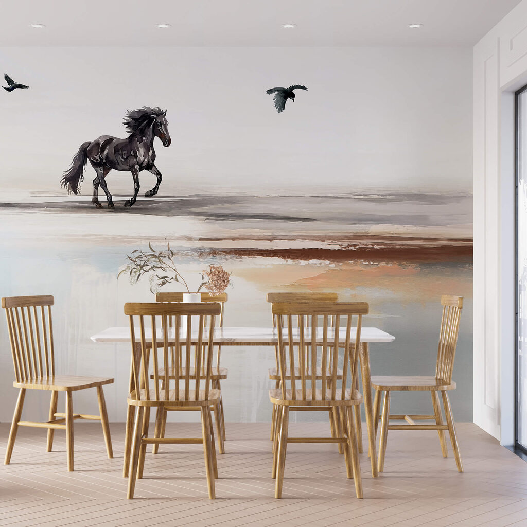 Картина із зображенням коня, що біжить по пляжу з птахами, що летять