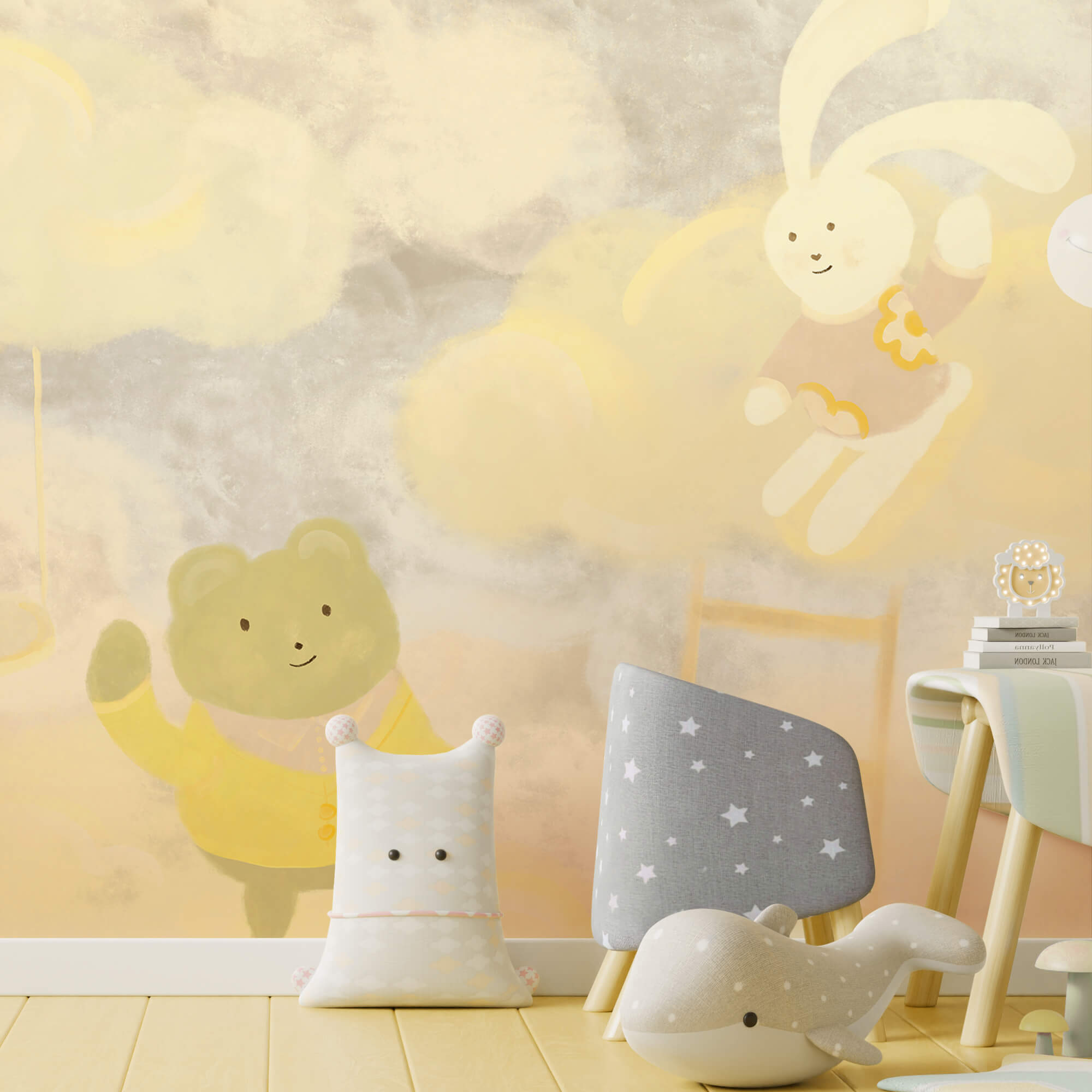 Мультяшний ведмедик і зайчик у хмарах