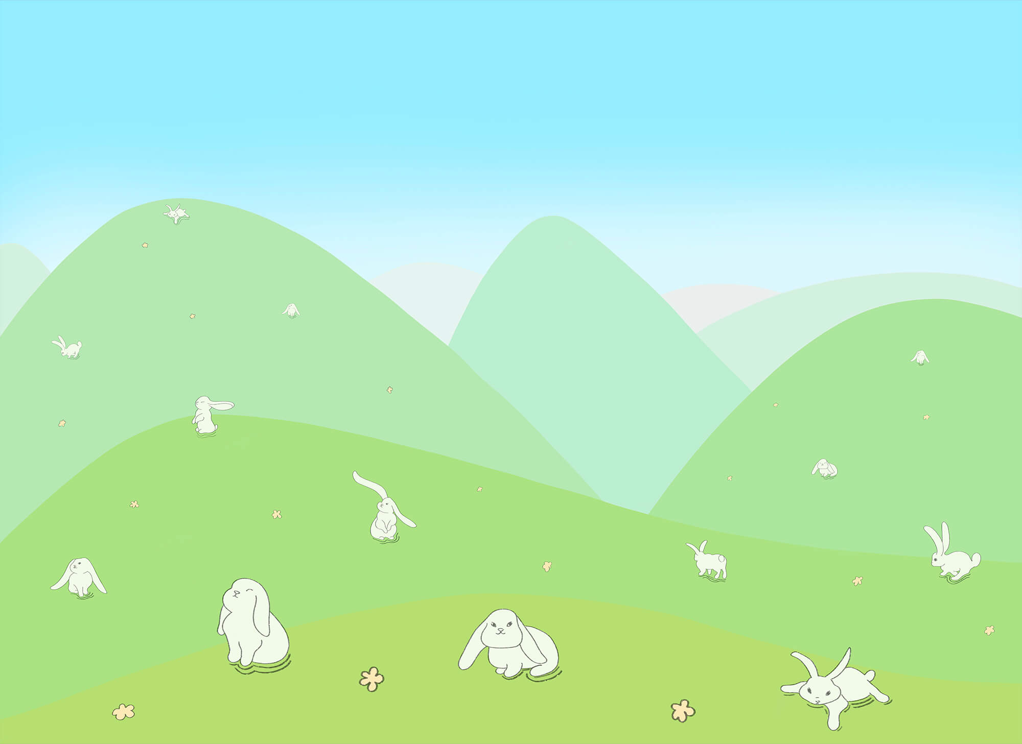 Cartoon of bunnies on a green hill Cartoon of bunnies on a green hill