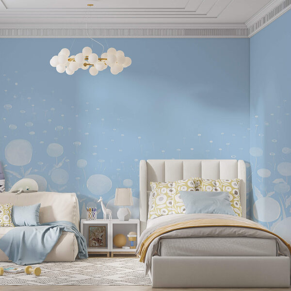 Білі квіти з листям на синьому тлі