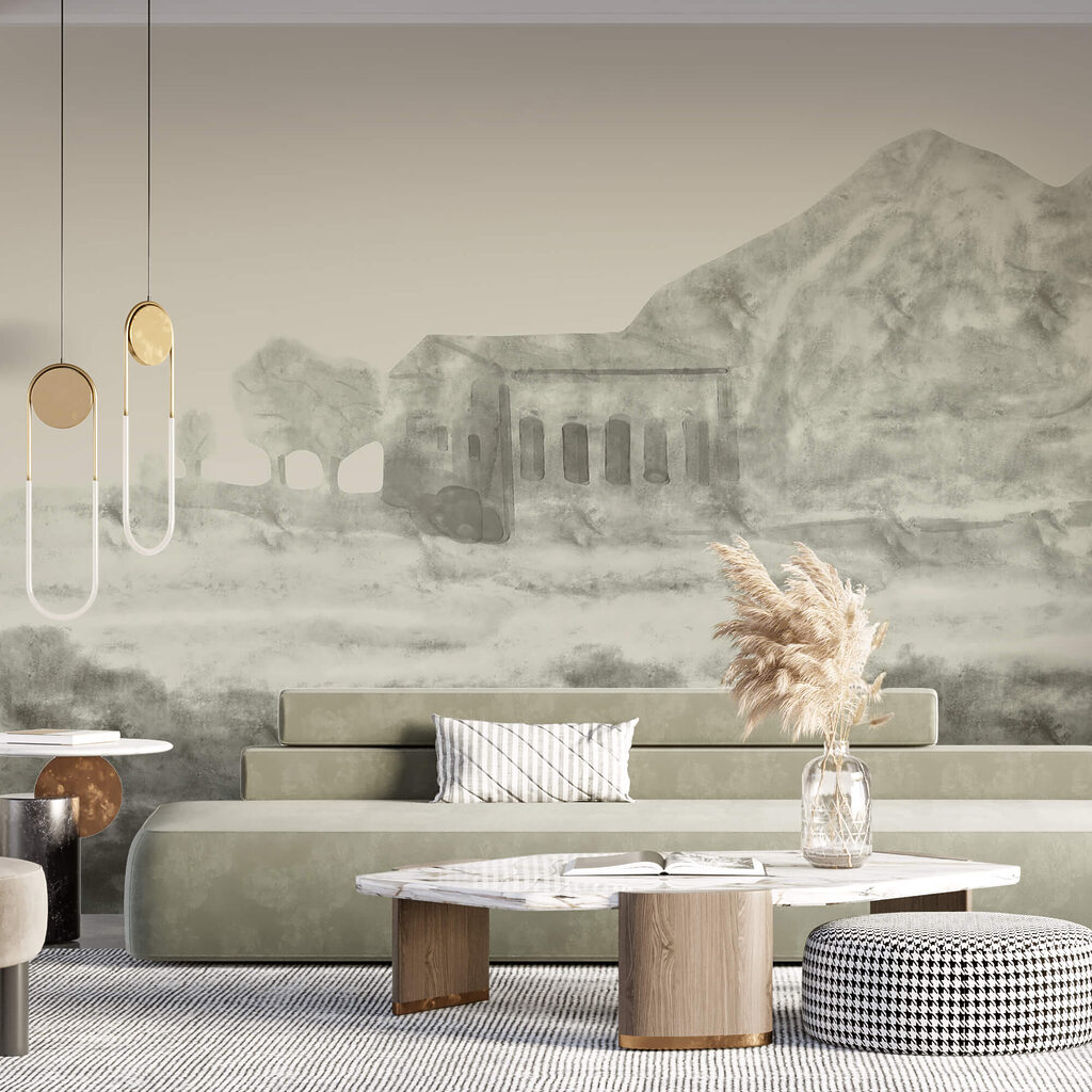 Малюнок будівлі та гори Малюнок будівлі та гори