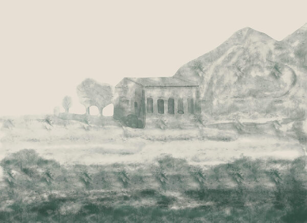 Painting of a building and a mountain