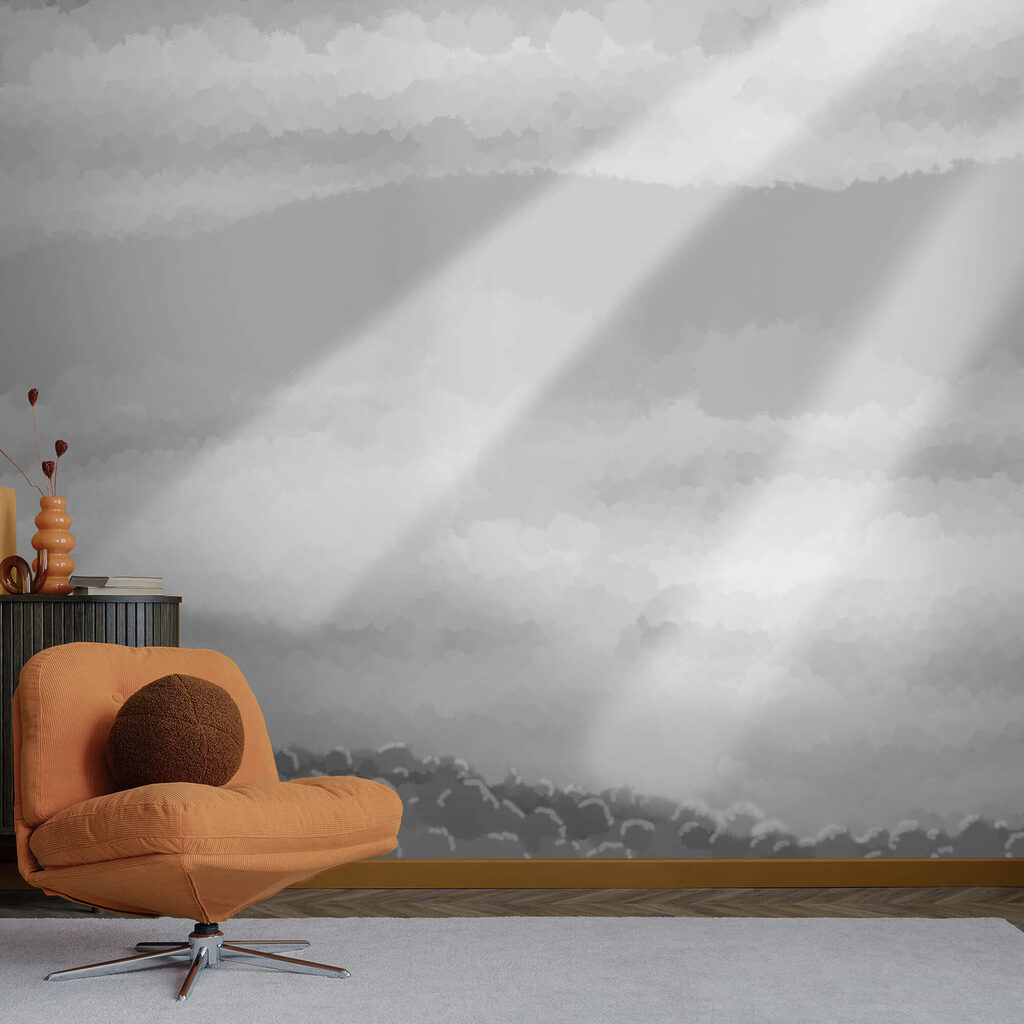 Графічне зображення хмар і сонячних променів у відтінках сірого Графічне зображення хмар і сонячних променів у відтінках сірого