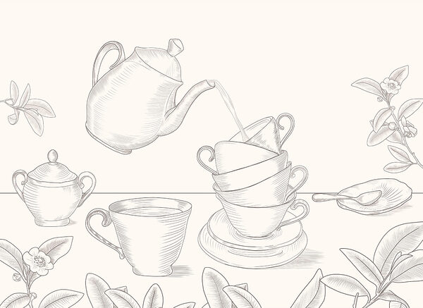 Teapot pouring into a stack of teacups Teapot pouring into a stack of teacups