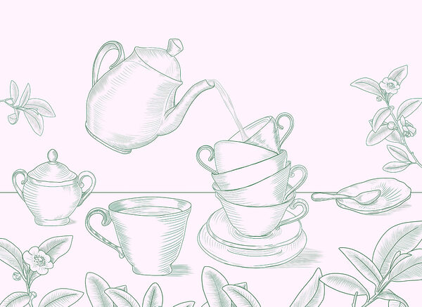 Teapot pouring tea into a stack of teacups Teapot pouring tea into a stack of teacups