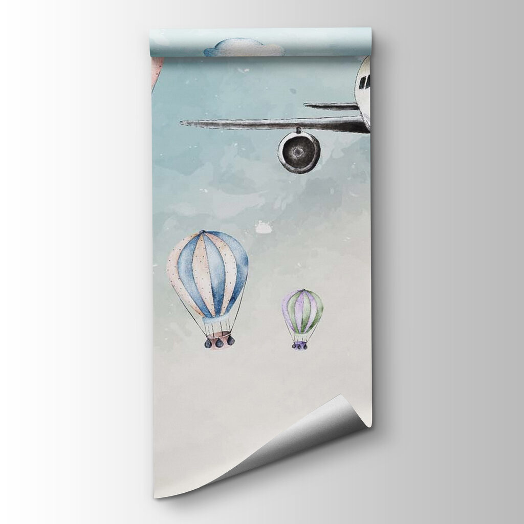 Group of hot air balloons and airplanes