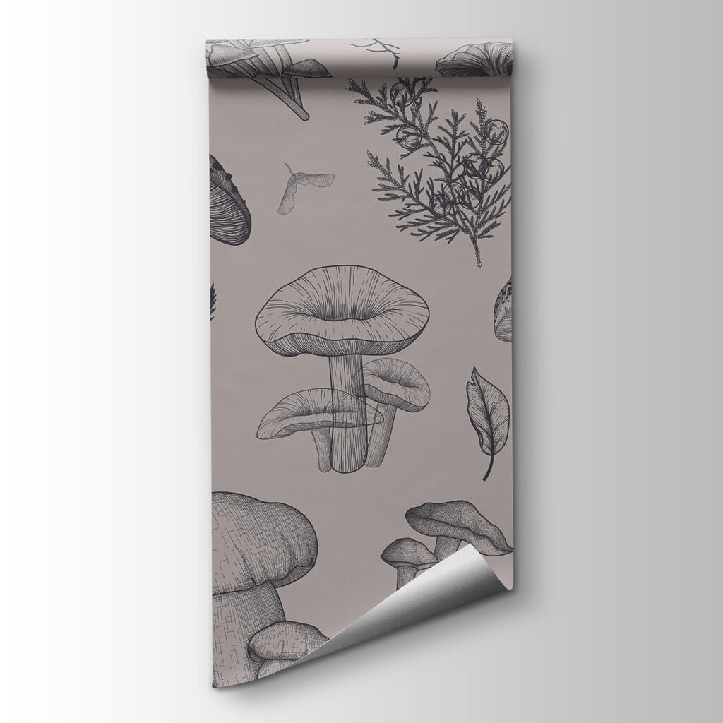 Pattern of mushrooms and leaves