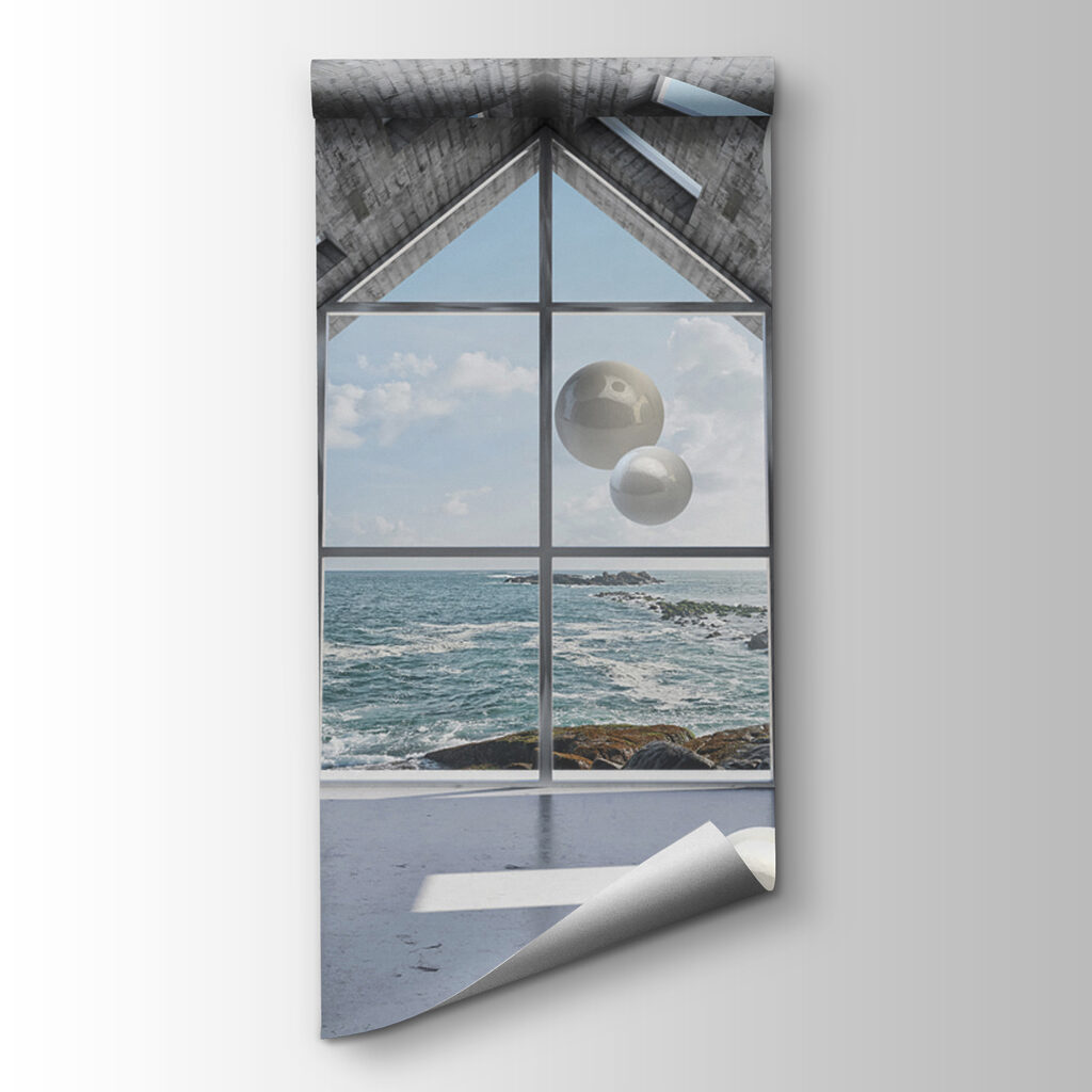 Room with white balls floating in the air