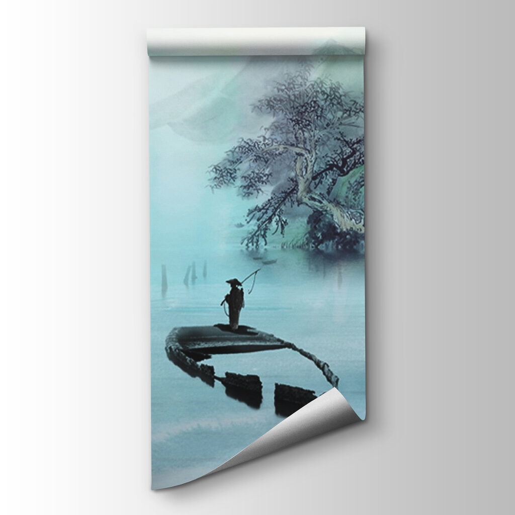 Man standing on a boat in water with mountains and trees