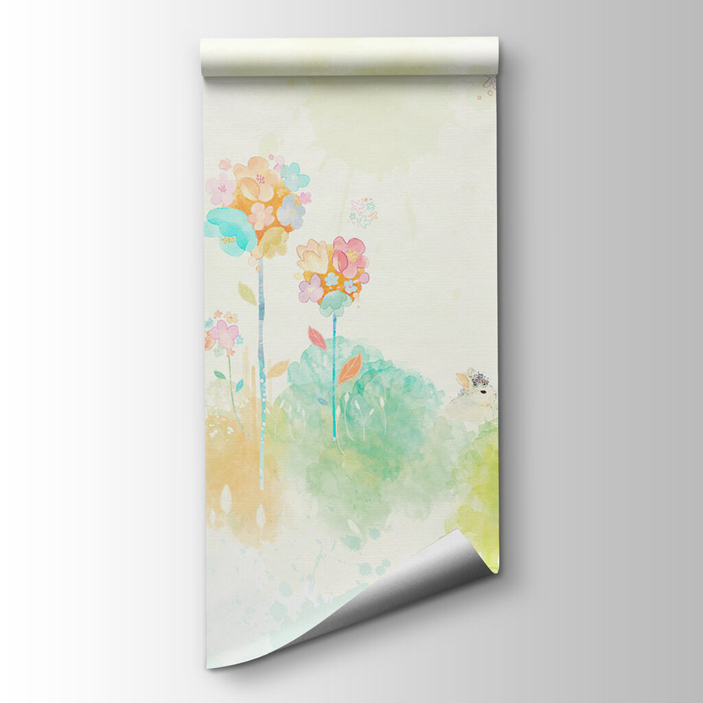 Watercolor painting of flowers and rabbits